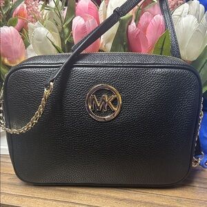 Michael Kors Black Pebbled Leather Crossbody Bag with Gold Chain